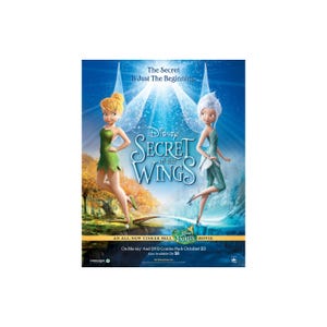 May include: Movie poster for Disney's "Secret of the Wings." The poster features two fairies, one in green and one in blue, with the title text in a stylized font. The tagline reads "The Secret Is Just The Beginning."