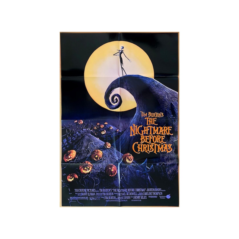 May include: A film poster for Tim Burton's "The Nightmare Before Christmas." The image shows a full moon, a swirling hill, and Jack Skellington. The title is in orange and white, with pumpkins and a graveyard in the foreground.