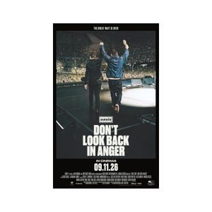May include: A movie poster featuring two individuals standing on a stage facing a large crowd. The text reads THE GREAT WAIT IS OVER, oasis, DON'T LOOK BACK IN ANGER, IN CINEMAS, and 09.11.26. The individuals wear dark jackets and trousers.