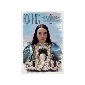 May include: A movie poster for the film "Poor Things" featuring Emma Stone, Mark Ruffalo, Willem Dafoe, Ramy Youssef, Christopher Abbott, and Jerrod Carmichael. The poster has a blue and white color scheme and features a woman with long dark hair standing in front of a large, ornate stone structure.