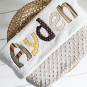 Monogrammed Baby Blanket in WOODLAND, Latte Tan Minky & Cream Chenille, Personalized with Your Baby Boy&#39;s First Name in Colorful Fabrics