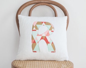 A Monogrammed Pillow for the Home or Nursery Decor, Personalized with Your Baby or Toddler's First Name in Pink, Coral, Gold, and Mint