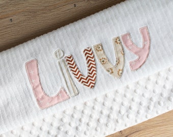 Monogrammed Baby Blanket in WHEAT, Cream Minky & White Chenille, Personalized with Your Baby Girl's First Name in Neutral Fabrics