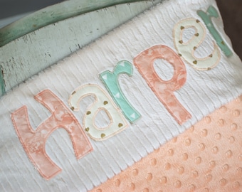 Monogrammed Baby Blanket in SUNSET / Metallic Gold, Peach, and Mint Fabric Letters with White Chenille and Minky Personalized for Baby Girl