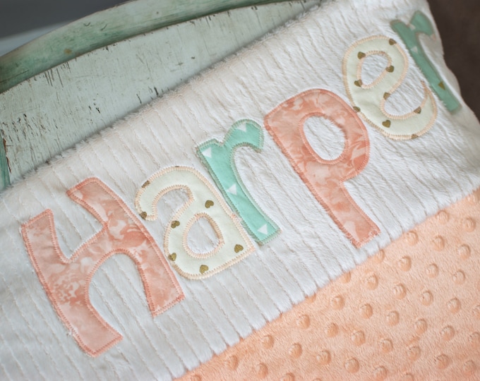 Monogrammed Baby Blanket in SUNSET / Metallic Gold, Peach, and Mint Fabric Letters with White Chenille and Minky Personalized for Baby Girl