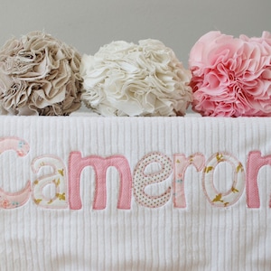 Monogrammed Baby Blanket in GLIMMER, Minky and Chenille Personalized with Your Baby Girl&#39;s Name in Metallic Gold and Pink Fabric Letters