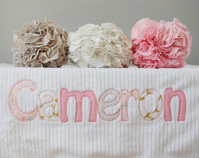 Monogrammed Baby Blanket in GLIMMER, Minky and Chenille Personalized with Your Baby Girl's Name in Metallic Gold and Pink Fabric Letters
