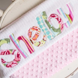 Monogrammed Baby Blanket in MIRAGE, Pink Dot Minky and White Chenille, Personalized with Your Baby Girl&#39;s First Name in Colorful Pinks