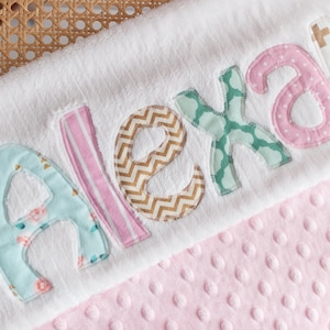 Monogrammed Baby Blanket in DAWN, Metallic Gold, Pink, and Aqua Blue Accents with White Chenille and Soft Minky, Personalized for Baby Girl image 1