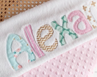 Monogrammed Baby Blanket in DAWN, Metallic Gold, Pink, and Aqua Blue Accents with White Chenille and Soft Minky, Personalized for Baby Girl