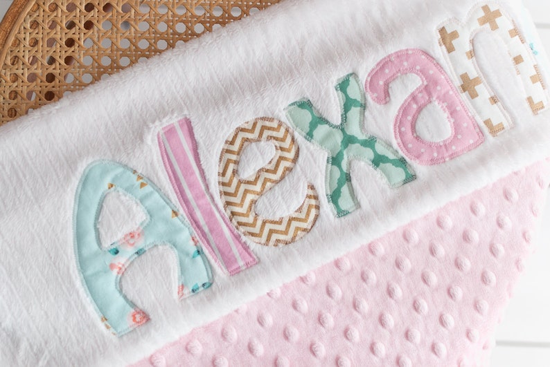 Monogrammed Baby Blanket in DAWN, Metallic Gold, Pink, and Aqua Blue Accents with White Chenille and Soft Minky, Personalized for Baby Girl image 1