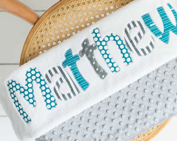 Monogrammed Baby Boy Blanket in Fog, Grey Dot Minky and White Chenille, Personalized with Your Baby Boy's First Name in Grays and Teals