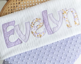 Monogrammed Baby Blanket in Dusk, Lavender Minky & Chenille Personalized with Your Girl's Name in Purple and Gold Fabric Letters