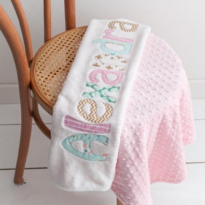 Monogrammed Baby Blanket in DAWN, Metallic Gold, Pink, and Aqua Blue Accents with White Chenille and Soft Minky, Personalized for Baby Girl image 4