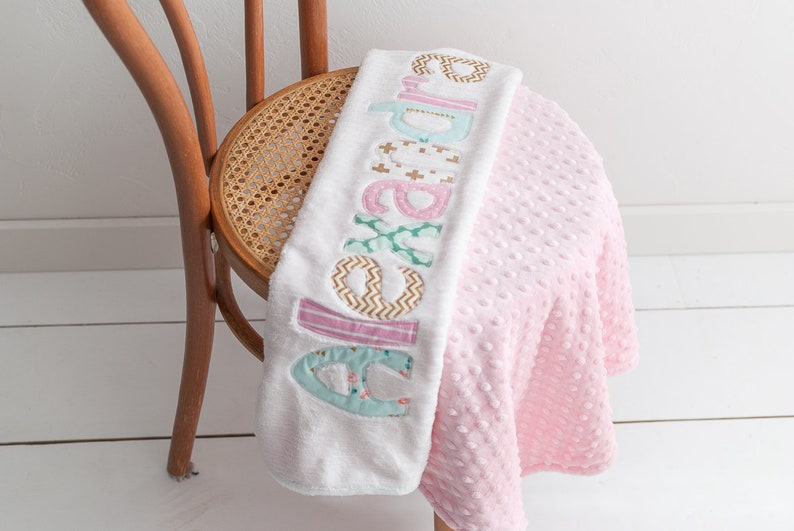 Monogrammed Baby Blanket in DAWN, Metallic Gold, Pink, and Aqua Blue Accents with White Chenille and Soft Minky, Personalized for Baby Girl image 4