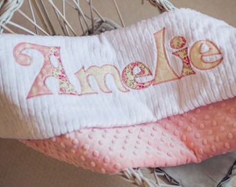 Monogrammed Baby Blanket in SHABBY CHIC, Pink Minky and White Chenille, Personalized with Your Baby Girl's First Name in Vintage Florals