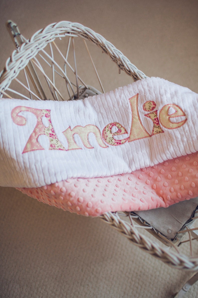 Pink Minky and White Chenille Personalized with Your Baby Girl/'s First Name in Vintage Florals Monogrammed Baby Blanket in SHABBY CHIC
