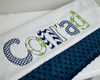 Monogrammed Baby Blanket in OCEAN, Navy Blue Dot Minky & White Chenille, Personalized with Your Baby Boy's First Name in Lime and Navy