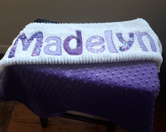 Monogrammed Baby Blanket in CALM, Lavender Minky & Chenille Personalized with Your Girl's Name in Purple and Gold Fabric Letters