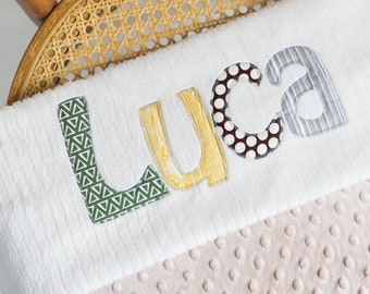 Monogrammed Baby Blanket in FIELD, Latte Tan Minky & Cream Chenille, Personalized with Your Baby Boy's First Name