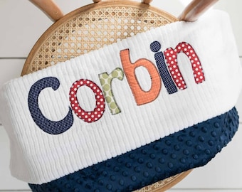 Monogrammed Baby Blanket in STORM, Navy Blue Dot Minky & White Chenille, Personalized with Your Baby Boy's First Name in Colorful Fabrics