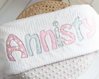 Monogrammed Baby Blanket in BLOOM, Tan Minky & Cream Chenille, Personalized with Your Baby Girl's First Name in Mint and Pink Fabrics