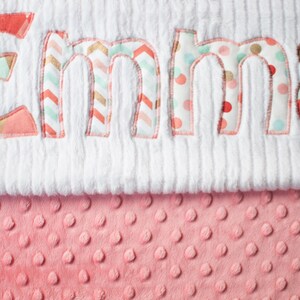 Monogrammed Baby Blanket in SPRING, CORAL Dot Minky and White Chenille, Personalized with Your Baby Girl&#39;s First Name in Floral