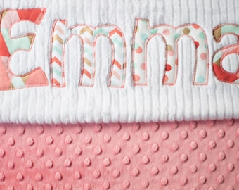 Monogrammed Baby Blanket in SPRING, CORAL Dot Minky and White Chenille, Personalized with Your Baby Girl's First Name in Floral