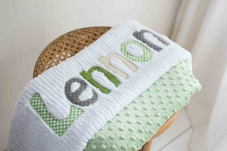 Monogrammed Baby Blanket in CULTIVATE, Green Dot Minky and White Chenille, Personalized with Your Baby Boy's First Name image 2