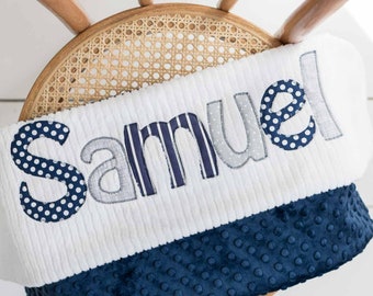 Monogrammed Baby Blanket in Midnight, Navy Blue Dot Minky & White Chenille, Personalized with Your Baby Boy's First Name in Grey and Navy