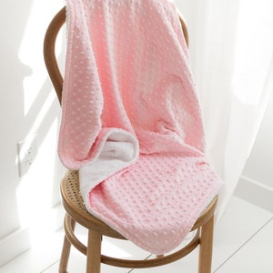 Monogrammed Baby Blanket in WIND, Pink Dot Minky and White Chenille, Personalized with Your Baby Girl's First Name in Cottage Chic image 3