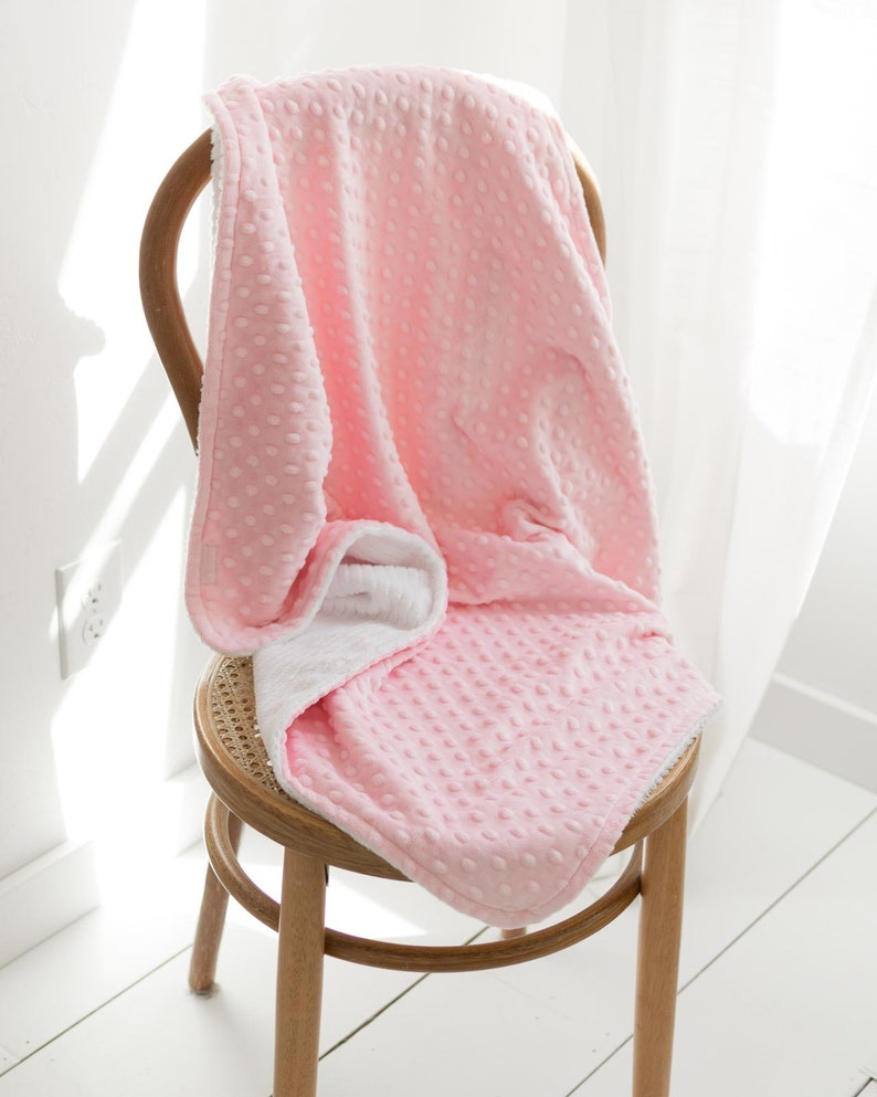 Monogrammed Baby Blanket in WIND, Pink Dot Minky and White Chenille, Personalized with Your Baby Girl's First Name in Cottage Chic image 3