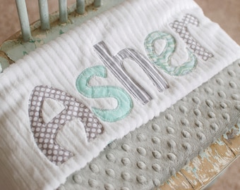 Monogrammed Baby Blanket in MIST, Grey Dot Minky and White Chenille, Personalized with Your Baby Boy's First Name in Grays and Mint Greens