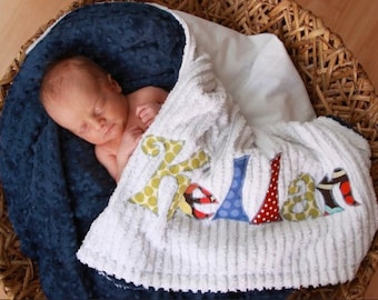 Monogrammed Baby Blanket in RAIN, Navy Blue Dot Minky & White Chenille, Personalized with Your Baby Boy's First Name in Colorful Fabrics