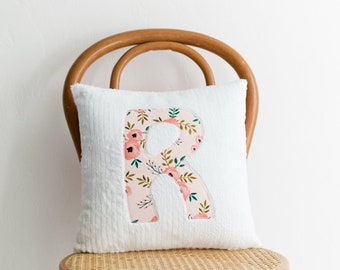 A Monogrammed Pillow in "Waterflower" for the Home or Nursery Decor, Personalized with Your Baby or Toddler's First Name in Colorful Fabrics