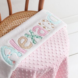 Monogrammed Baby Blanket in DAWN, Metallic Gold, Pink, and Aqua Blue Accents with White Chenille and Soft Minky, Personalized for Baby Girl image 3