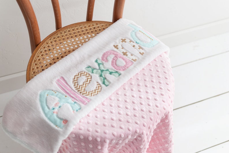 Monogrammed Baby Blanket in DAWN, Metallic Gold, Pink, and Aqua Blue Accents with White Chenille and Soft Minky, Personalized for Baby Girl image 3