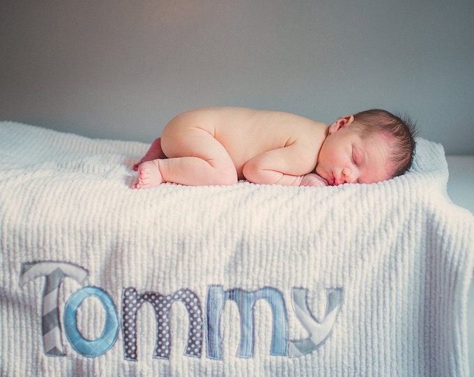 Monogrammed Baby Blanket in Drizzle, Baby Blue Dot Minky & White Chenille, Personalized with Your Baby Boy's First Name in Grey and Blue