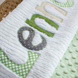 Monogrammed Baby Blanket in CULTIVATE, Green Dot Minky and White Chenille, Personalized with Your Baby Boy's First Name image 3