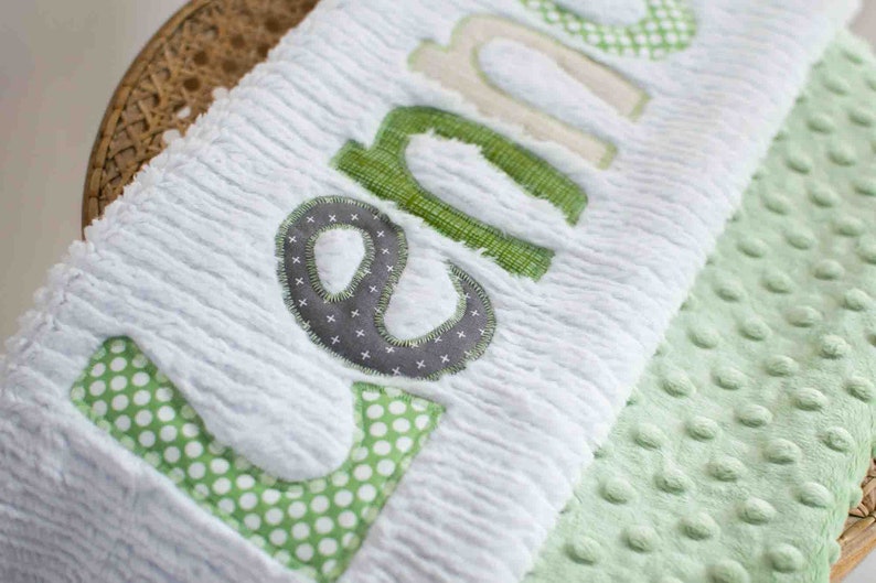 Monogrammed Baby Blanket in CULTIVATE, Green Dot Minky and White Chenille, Personalized with Your Baby Boy's First Name image 3