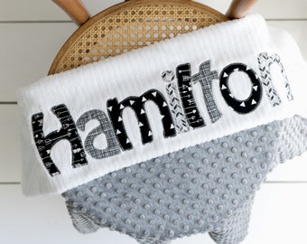 Monogrammed Baby Blanket in MONOCHROME, Grey Dot Minky and White Chenille, Personalized with Your Baby Boy's First Name in Grays and Blacks