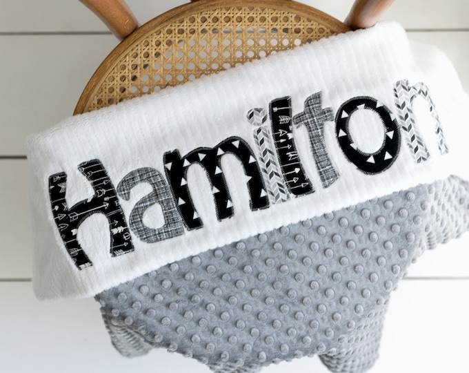 Monogrammed Baby Blanket in MONOCHROME, Grey Dot Minky and White Chenille, Personalized with Your Baby Boy's First Name in Grays and Blacks