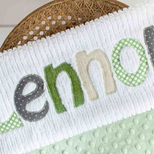 Monogrammed Baby Blanket in CULTIVATE, Green Dot Minky and White Chenille, Personalized with Your Baby Boy's First Name image 1