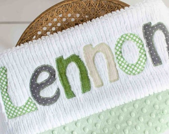 Monogrammed Baby Blanket in CULTIVATE, Green Dot Minky and White Chenille, Personalized with Your Baby Boy's First Name