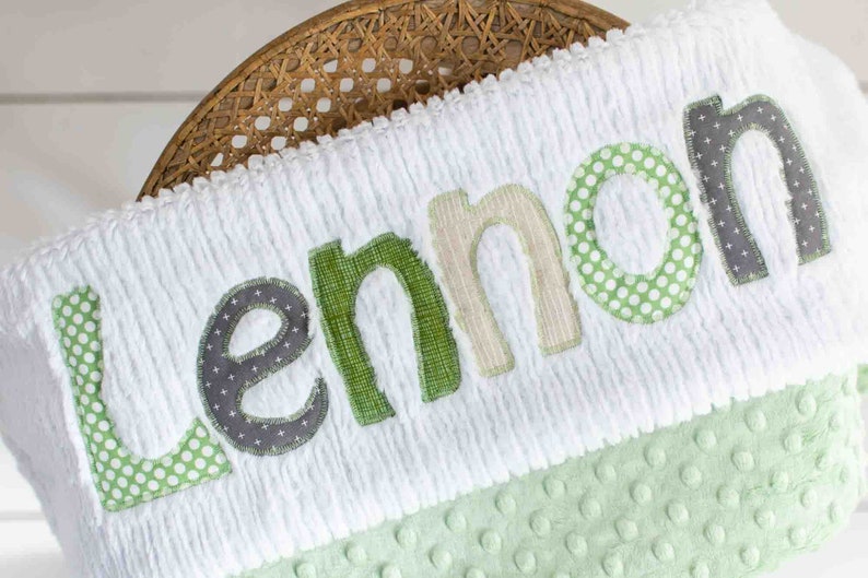 Monogrammed Baby Blanket in CULTIVATE, Green Dot Minky and White Chenille, Personalized with Your Baby Boy's First Name image 1