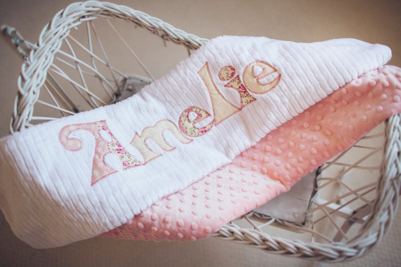 Pink Minky and White Chenille Personalized with Your Baby Girl/'s First Name in Vintage Florals Monogrammed Baby Blanket in SHABBY CHIC