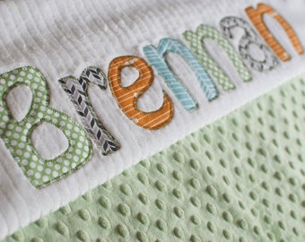 Monogrammed Baby Blanket in MARKET, Green Dot Minky and White Chenille, Personalized with Your Baby Boy's First Name