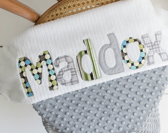 Monogrammed Baby Blanket in RIVER, Grey Dot Minky and White Chenille, Personalized with Your Baby Boy's First Name in Grays and Blacks