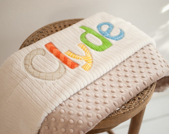 Monogrammed Baby Blanket in COLORFUL, Latte Tan Minky & Cream Chenille, Personalized with Your Baby Boy's First Name in Colorful Fabrics