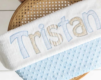 Monogrammed Baby Blanket in Sandstone, Baby Blue Dot Minky & White Chenille, Personalized with Your Baby Boy's First Name in Tan and Blue